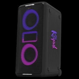 Klipsch Miami Bluetooth 18 h IPX4 avec grille noire, anneaux LED violets et bleus, logo latéral lumineux, boîtier robuste sur roulettes et coin renforcé