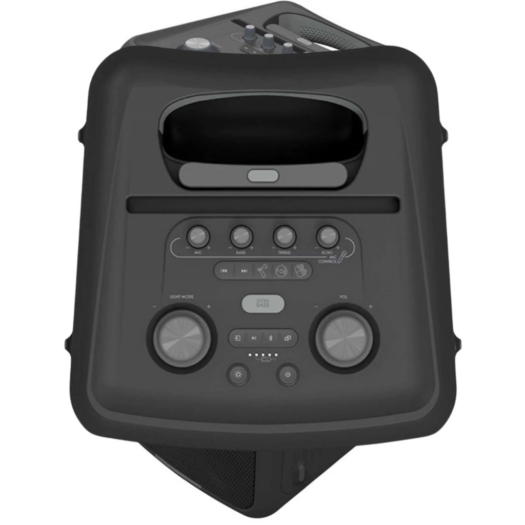 Klipsch Miami Bluetooth 18 h IPX4, enceinte noire verticale avec grille lumineuse dégradé violet bleu et logo latéral néon, boutons et poignée supérieurs - Ítem5