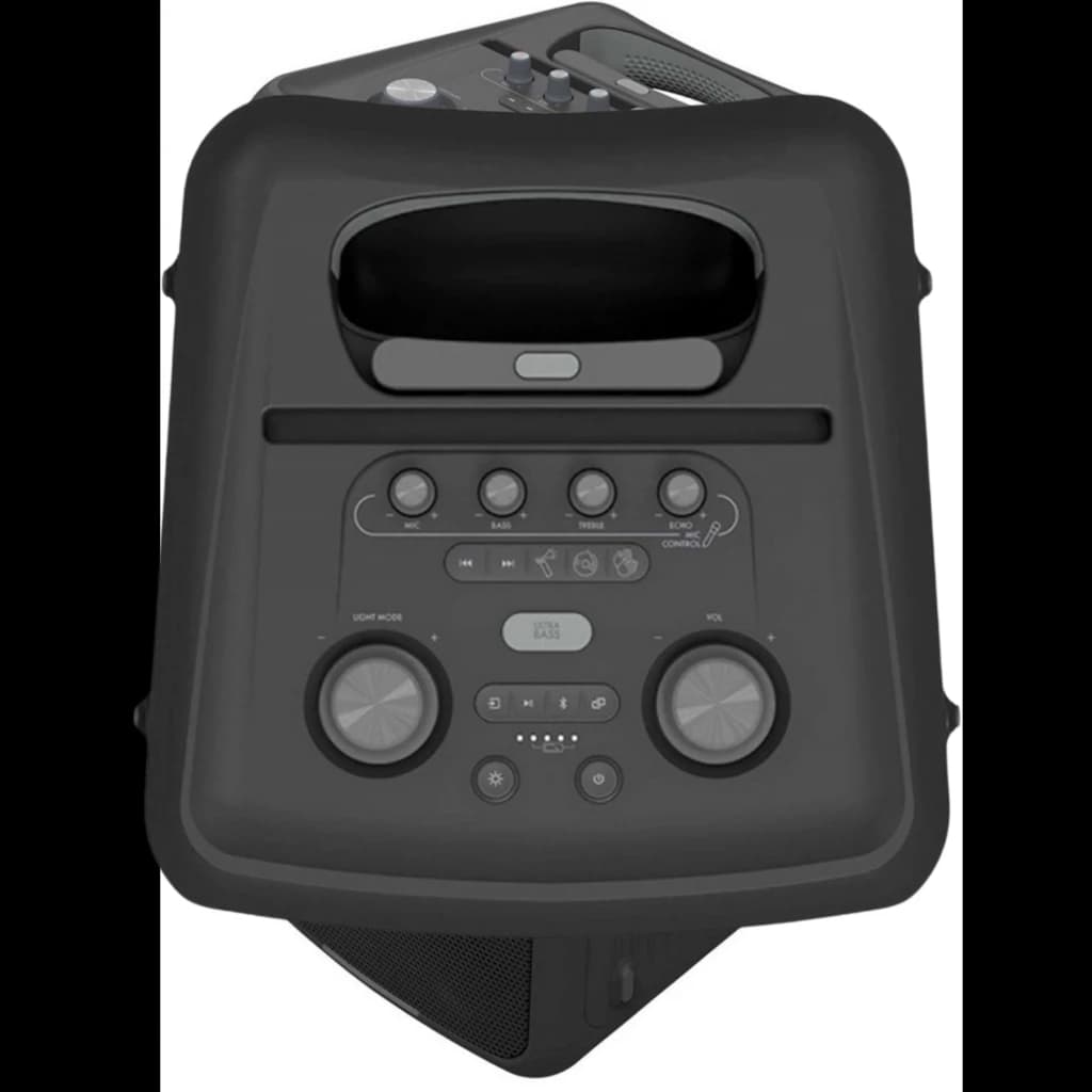 Klipsch Miami Bluetooth 18 h IPX4 avec panneau supérieur noir, poignée intégrée, grands boutons rotatifs, commandes lumineuses et ports protégés