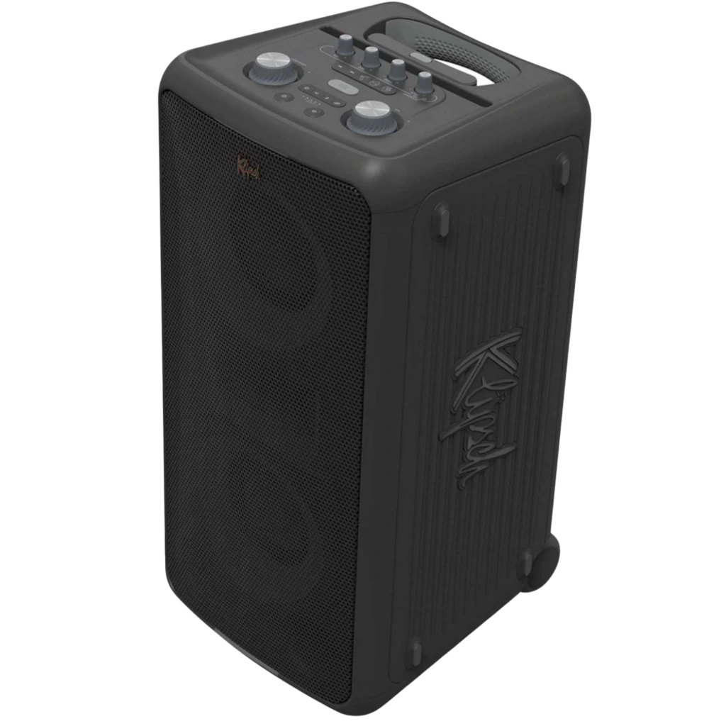 Klipsch Miami Bluetooth 18 h IPX4, enceinte noire verticale avec grille lumineuse dégradé violet bleu et logo latéral néon, boutons et poignée supérieurs - Ítem3