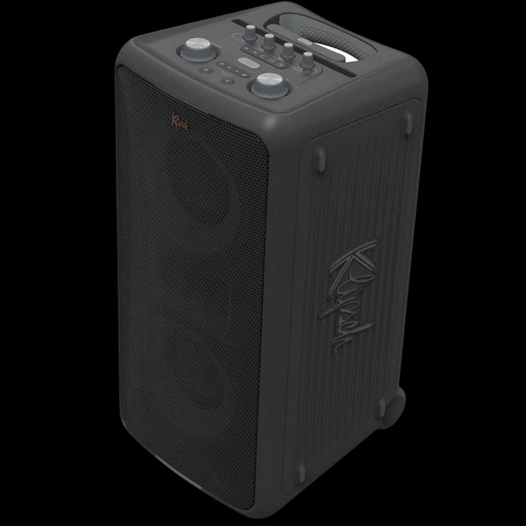 Klipsch Miami Bluetooth 18 h IPX4 haut‑parleur portable noir, boîtier robuste rainuré, grande grille métallique, poignée intégrée et roulettes arrière