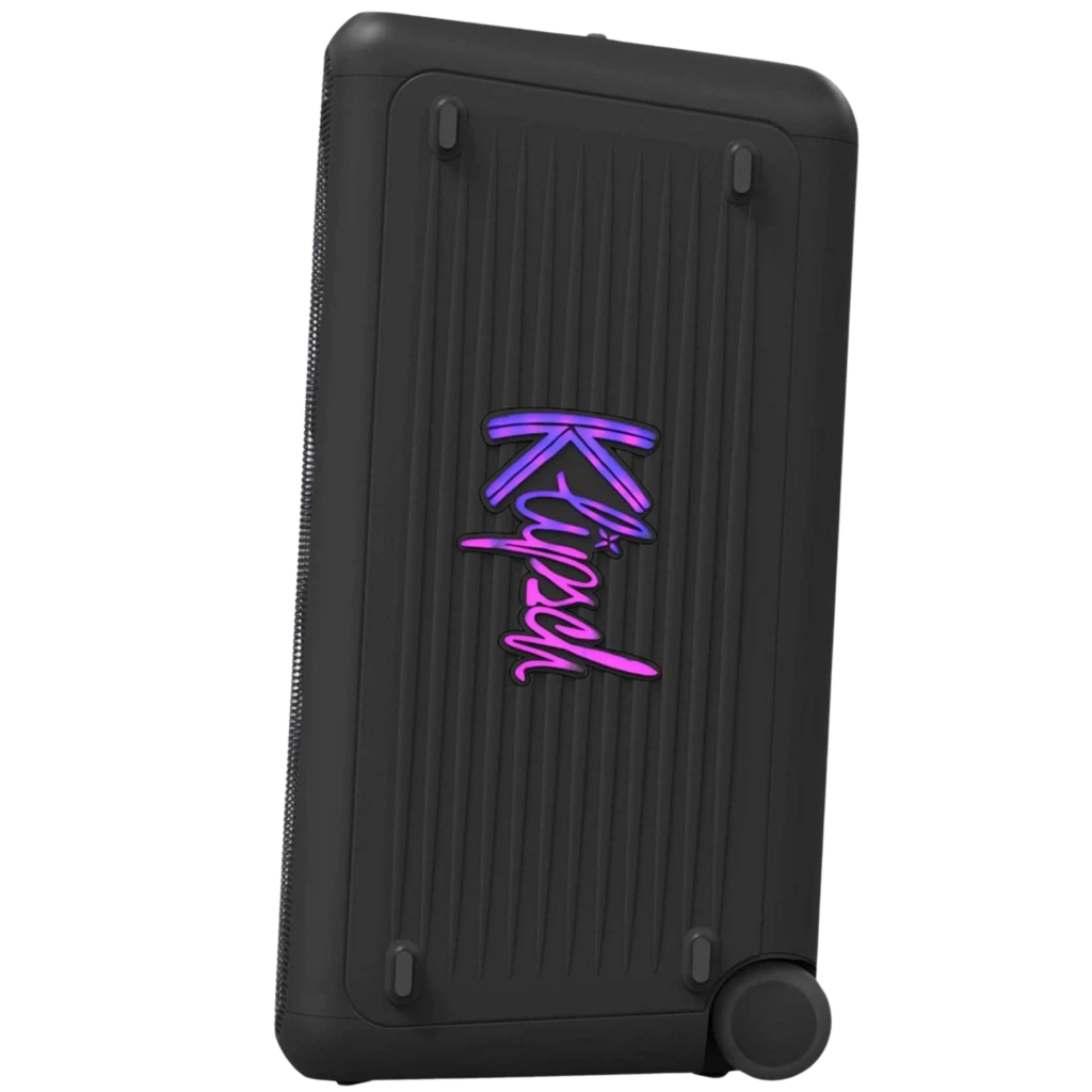 Klipsch Miami Bluetooth 18 h IPX4, enceinte noire verticale avec grille lumineuse dégradé violet bleu et logo latéral néon, boutons et poignée supérieurs - Ítem4