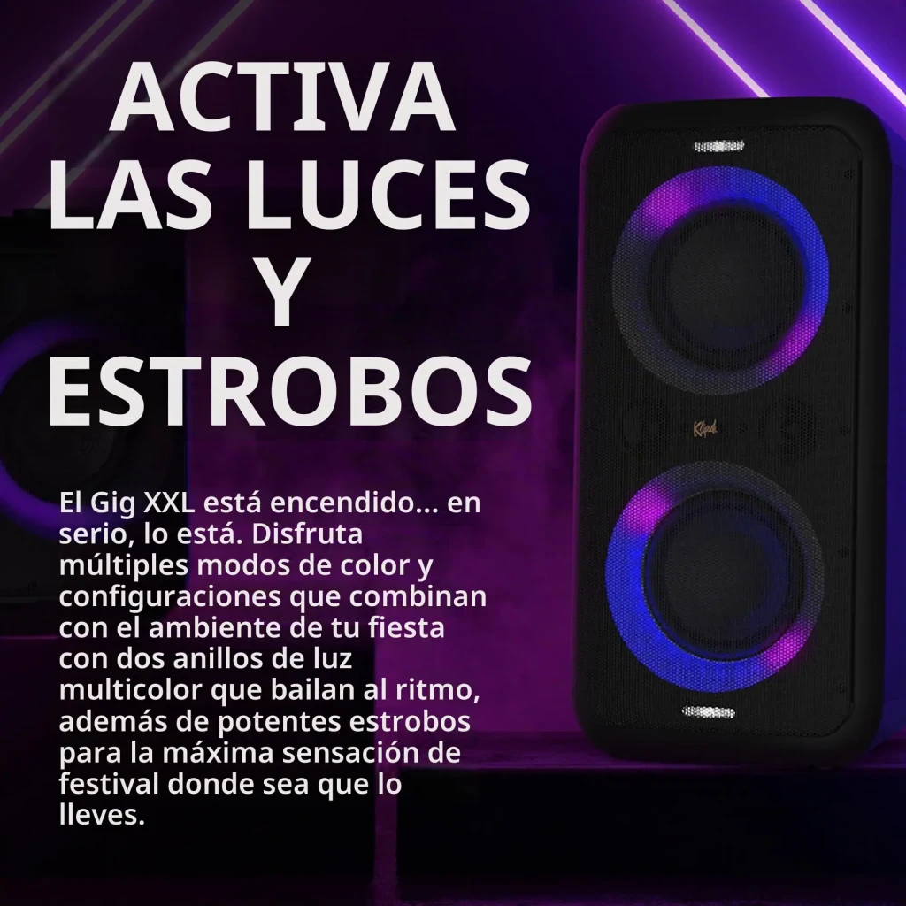 Altavoz portátil Klipsch GIG XXL 8h Bluetooth 5.0 Negro, vista frontal: dos altavoces con anillos de luz LED multicolor azul