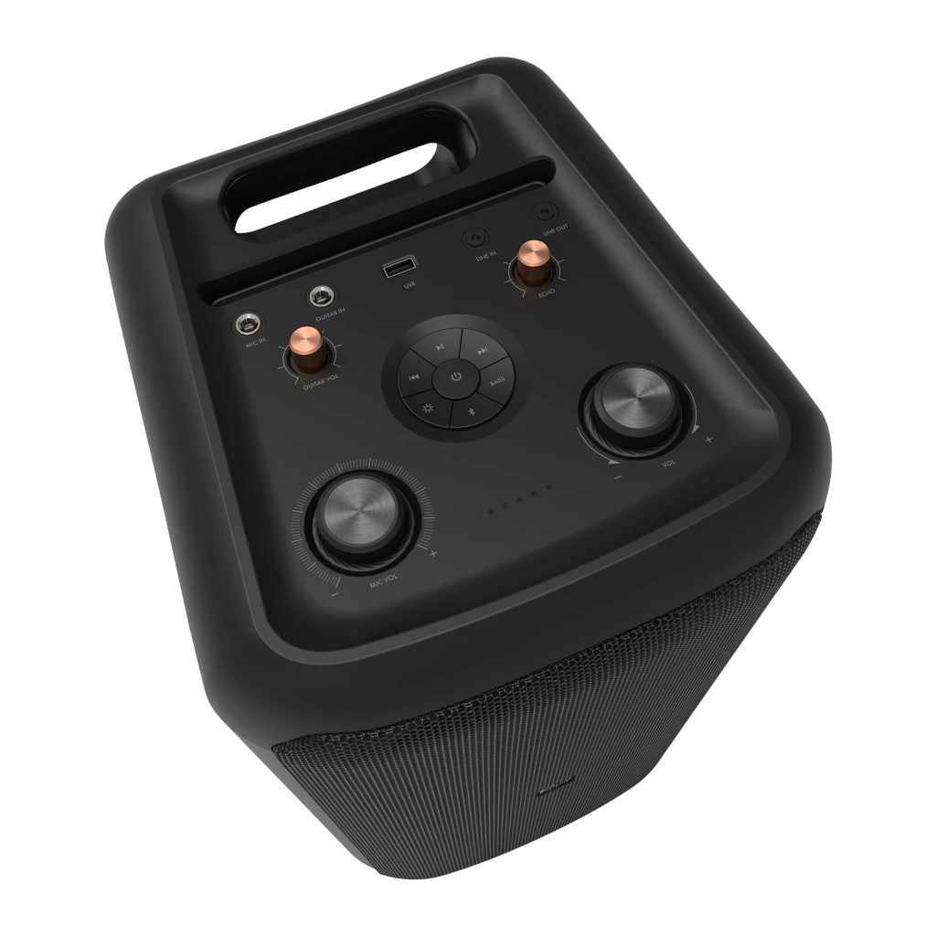Altavoz portátil Klipsch GIG XXL 8h Bluetooth 5.0 Negro, detalle: panel superior con mandos, perillas doradas, entradas mic