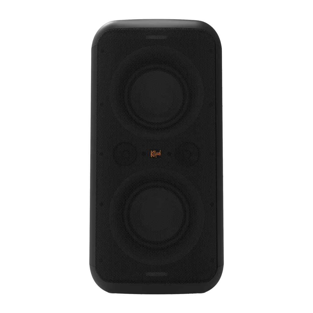 Altavoz portátil Klipsch GIG XXL 8h Bluetooth 5.0 Negro, detalle: rejilla frontal con dos woofers y logo naranja central