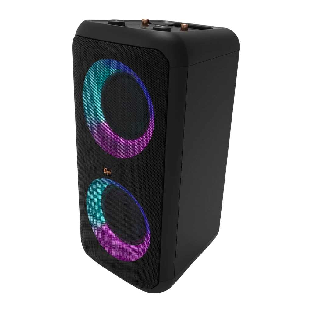 Altavoz portátil Klipsch GIG XXL 8h Bluetooth 5.0 Negro, detalle: dos woofers con iluminación LED RGB en azul y morado