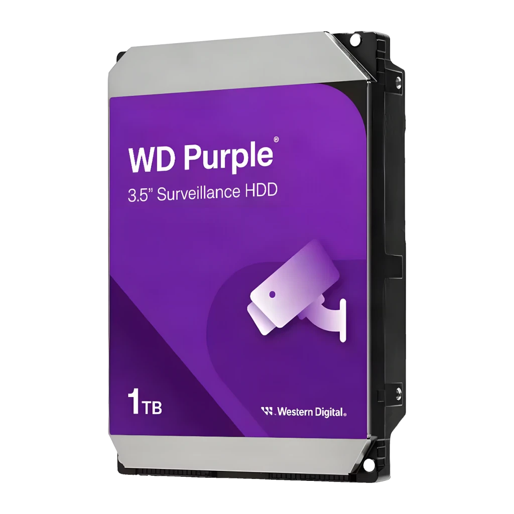 Disco rígido WD Purple 1TB 3.5 polegadas SATA III 5400RPM WD11PURZ, vista frontal: etiqueta roxa com logo, ícone câmera