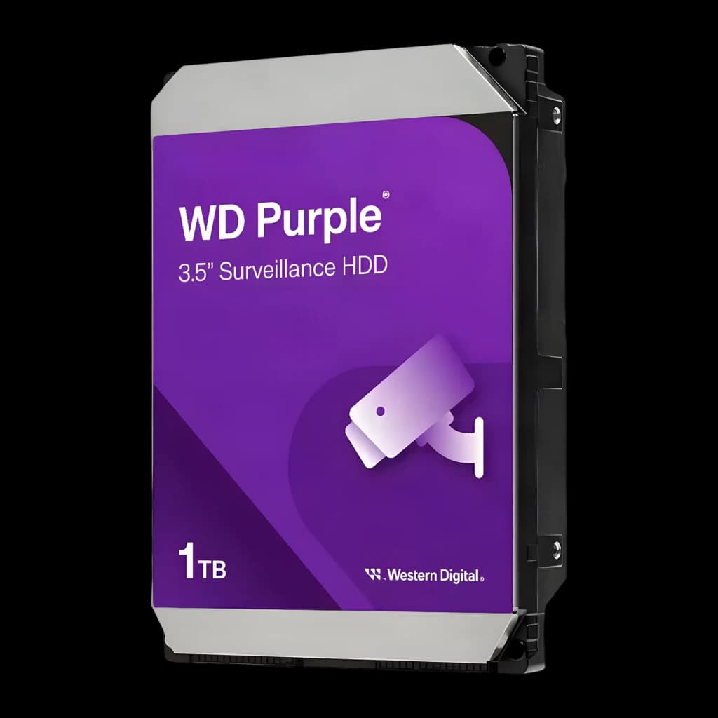 Disco rígido WD Purple 1TB 3.5 polegadas SATA III 5400RPM WD11PURZ, vista frontal: etiqueta roxa com logo, ícone câmera