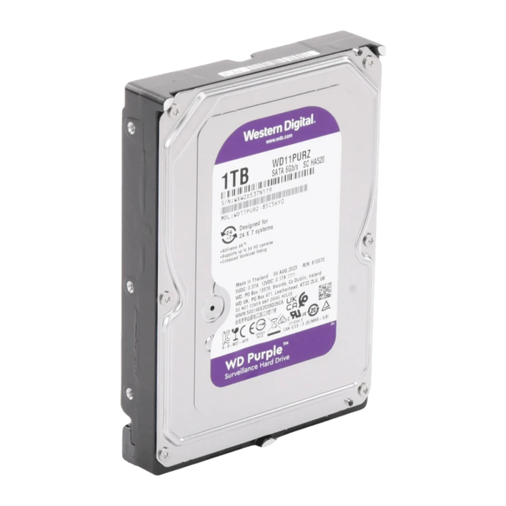 Disco rígido WD Purple 1TB 3.5 polegadas SATA III 5400RPM WD11PURZ, detalhe: vista em perspectiva da etiqueta roxa
