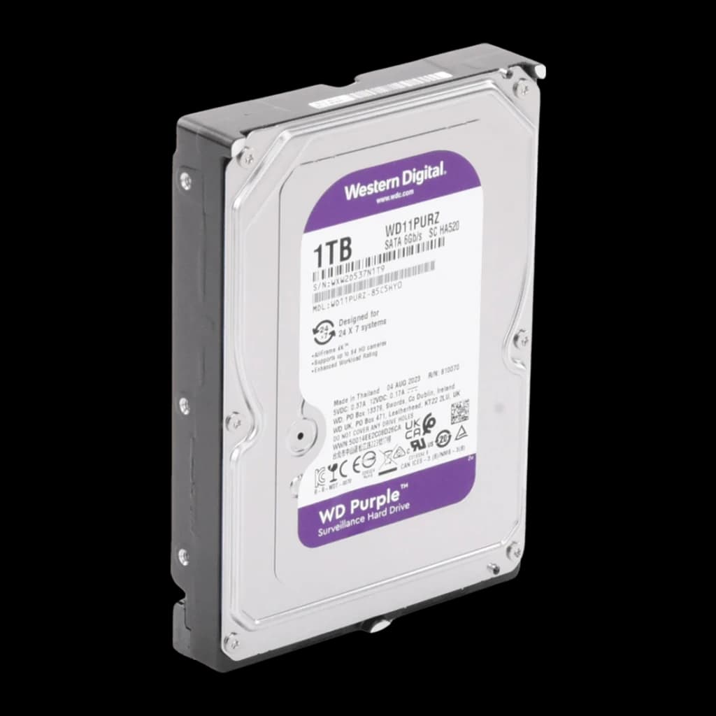 Disco rígido WD Purple 1TB 3.5 polegadas SATA III 5400RPM WD11PURZ, detalhe: vista em perspectiva da etiqueta roxa
