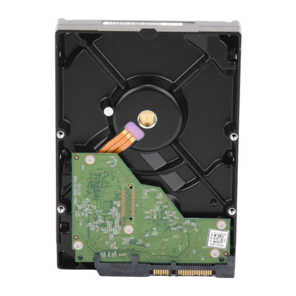 Disco rígido WD Purple 1TB 3.5 polegadas SATA III 5400RPM WD11PURZ, vista traseira: PCB verde e mecanismo interno com cabo