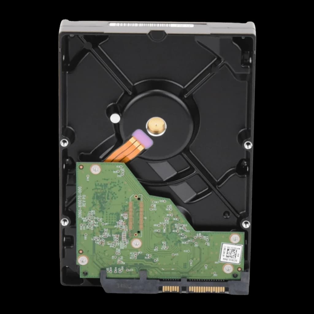 Disco rígido WD Purple 1TB 3.5 polegadas SATA III 5400RPM WD11PURZ, vista traseira: PCB verde e mecanismo interno com cabo