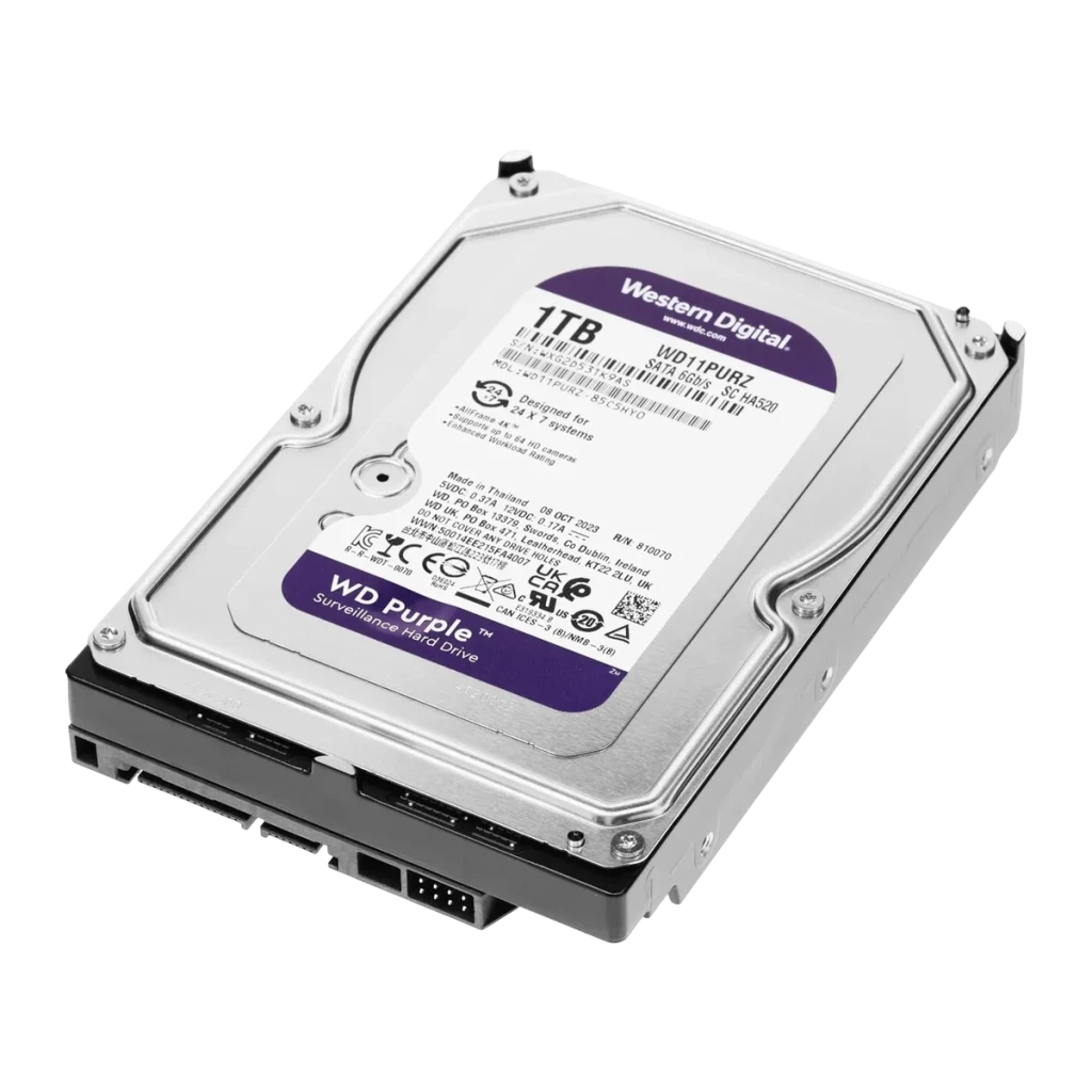 Disco rígido WD Purple 1TB 3.5 polegadas SATA III 5400RPM WD11PURZ, detalhe: vista em perspectiva com etiqueta roxa