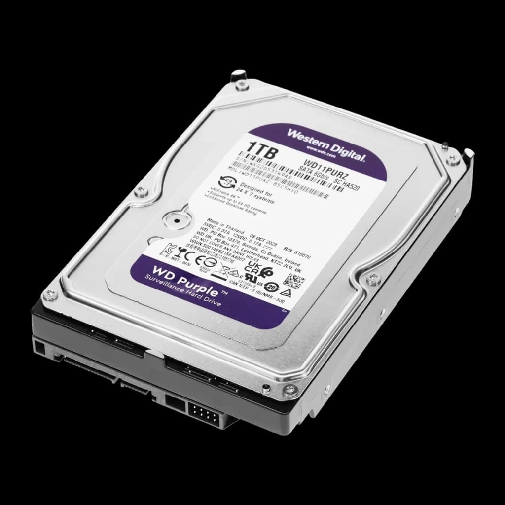 Disco rígido WD Purple 1TB 3.5 polegadas SATA III 5400RPM WD11PURZ, detalhe: vista em perspectiva com etiqueta roxa
