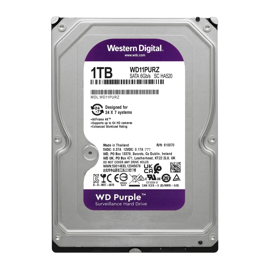 Disco rígido WD Purple 1TB 3.5 polegadas SATA III 5400RPM WD11PURZ, detalhe: etiqueta frontal com modelo, capacidade