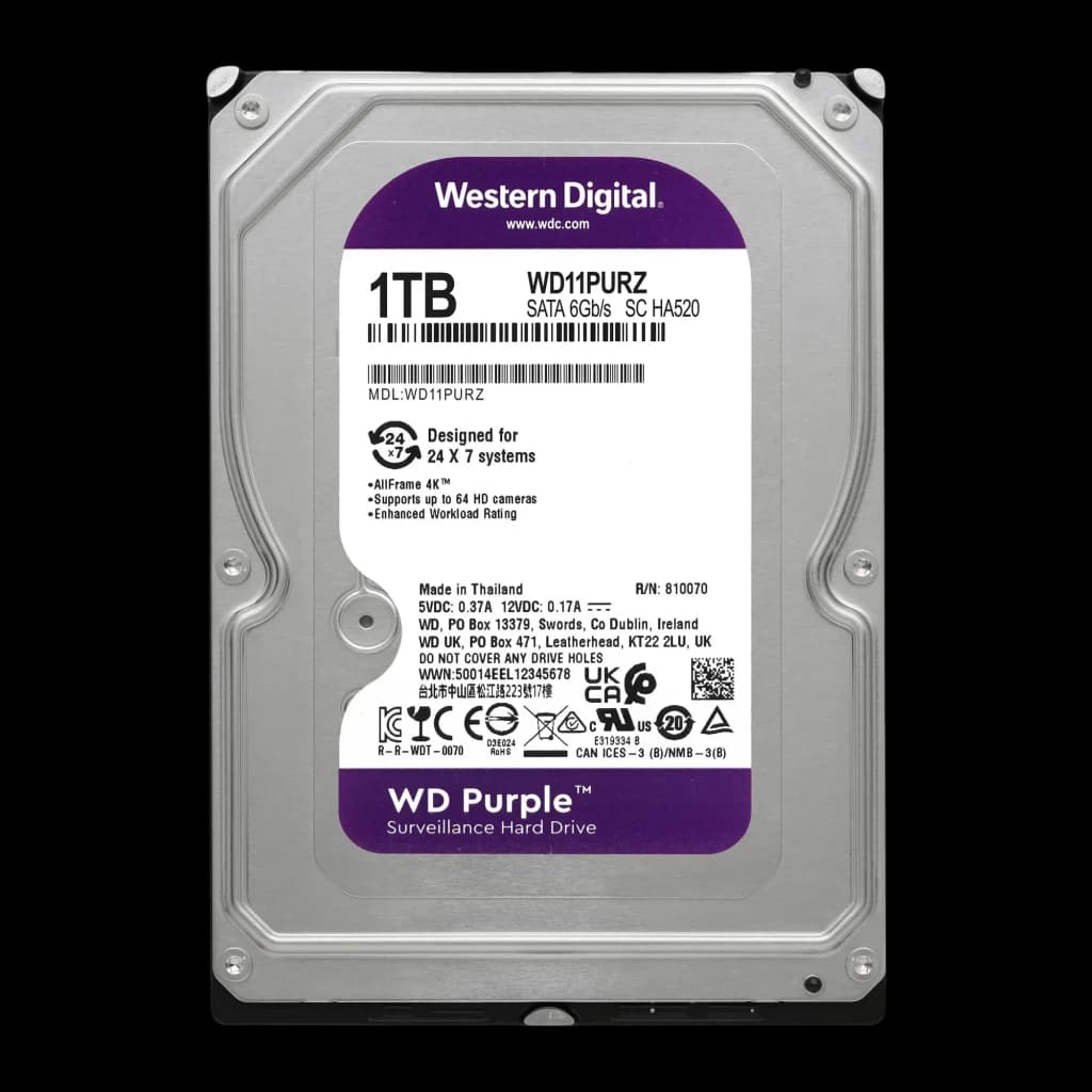 Disco rígido WD Purple 1TB 3.5 polegadas SATA III 5400RPM WD11PURZ, detalhe: etiqueta frontal com modelo, capacidade