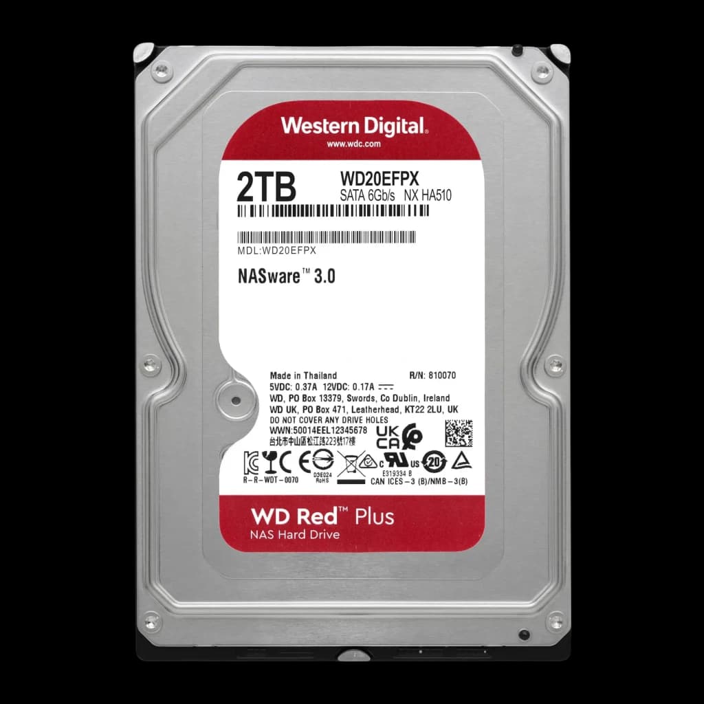 Disco rígido WD Red Plus 2TB 3.5 polegadas 5400RPM WD20EFPX, detalhe: etiqueta frontal com modelo, capacidade e logo NASware