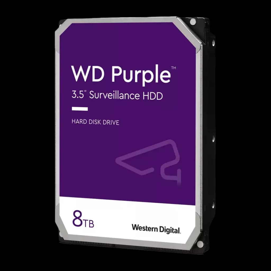 Disco rígido WD Purple 8TB 3.5 polegadas 5400RPM, vista frontal: etiqueta roxa com logo WD Purple, capacidade 8TB e marca