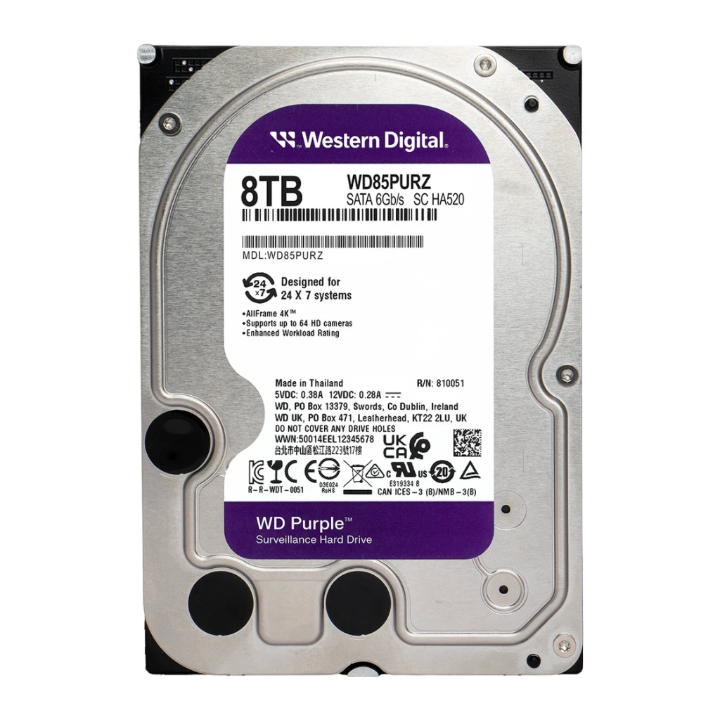 Disco rígido WD Purple 8TB 3.5 polegadas 5400RPM, detalhe: etiqueta frontal com modelo WD85PURZ, capacidade 8TB