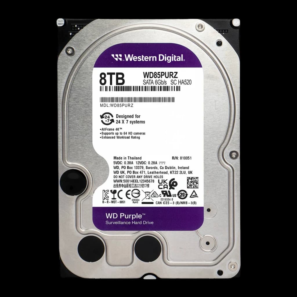 Disco rígido WD Purple 8TB 3.5 polegadas 5400RPM, detalhe: etiqueta frontal com modelo WD85PURZ, capacidade 8TB