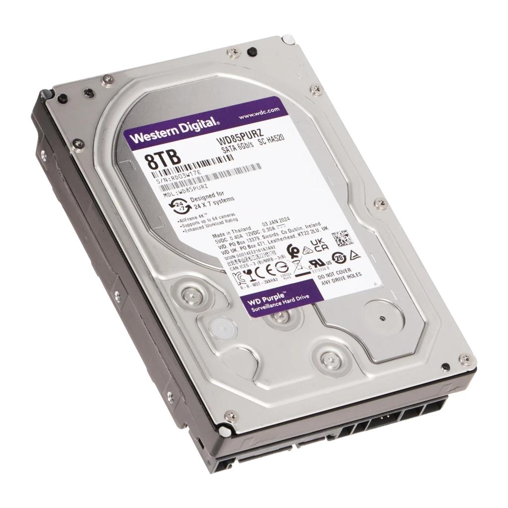 Disco rígido WD Purple 8TB 3.5 polegadas 5400RPM, detalhe: etiqueta frontal com capacidade 8TB e especificações técnicas