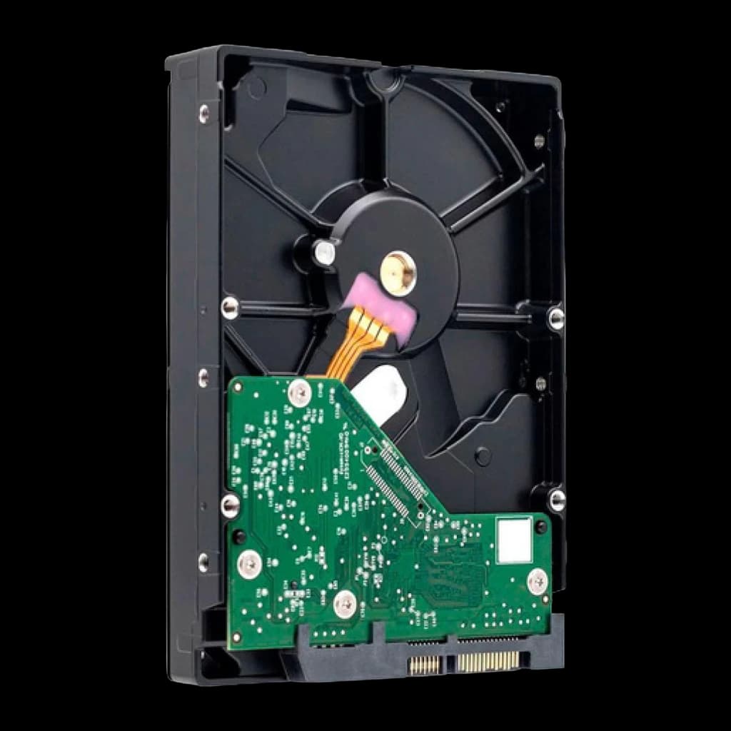 Disco rígido WD Purple 8TB 3.5 polegadas 5400RPM, vista traseira: PCB verde e motor do cabeçote com cabo flexível dourado