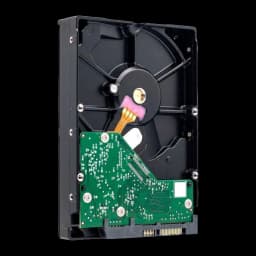 Disco rígido WD Purple 8TB 3.5 polegadas 5400RPM, vista traseira: PCB verde e motor do cabeçote com cabo flexível dourado
