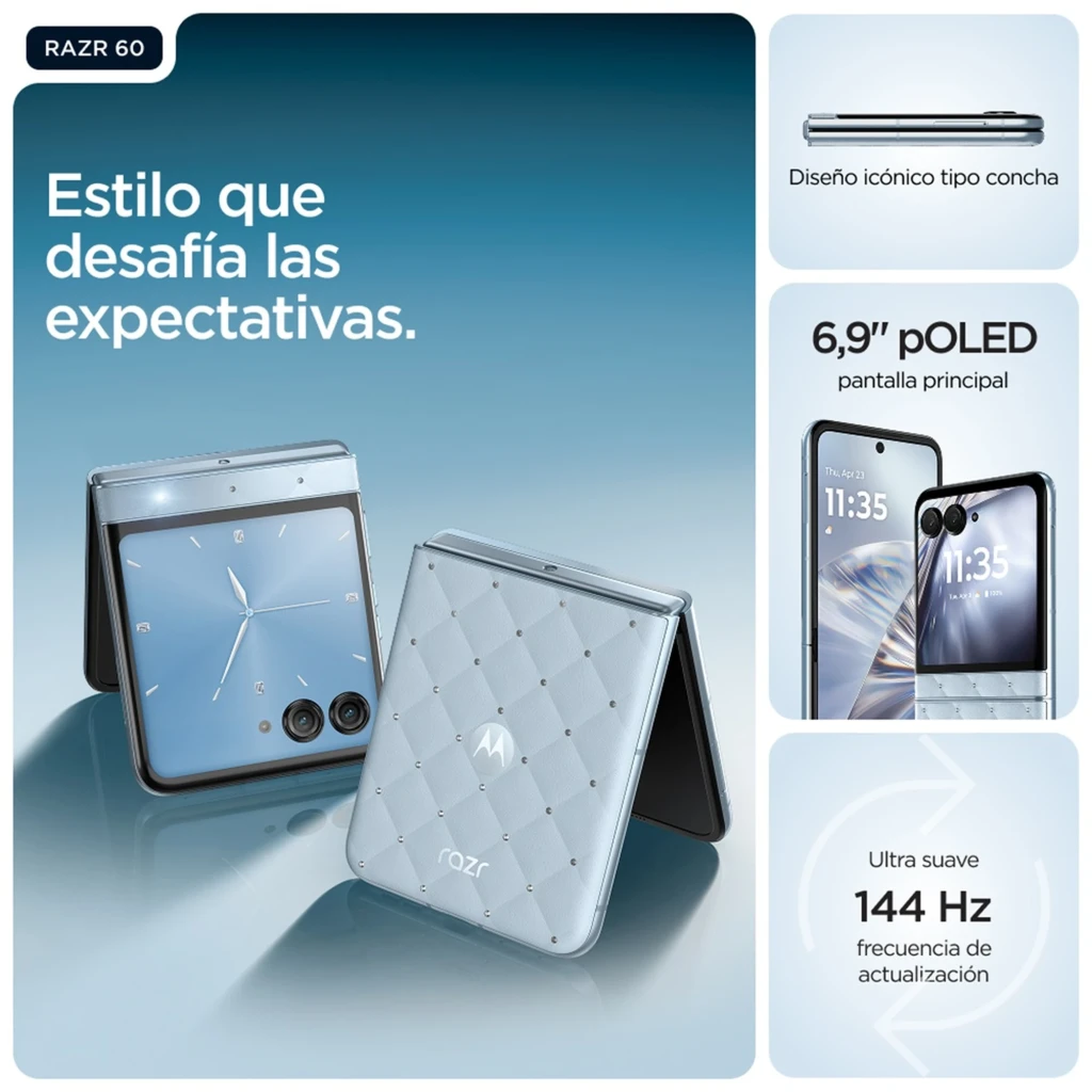 Smartphone dobrável azul com textura acolchoada e cristais, tela externa quadrada, duas câmeras traseiras e fones moto buds loop prateados incluídos - Item5
