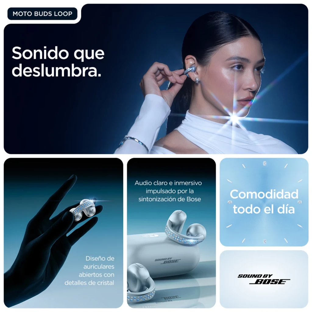 Smartphone dobrável azul com textura acolchoada e cristais, tela externa quadrada, duas câmeras traseiras e fones moto buds loop prateados incluídos - Item8