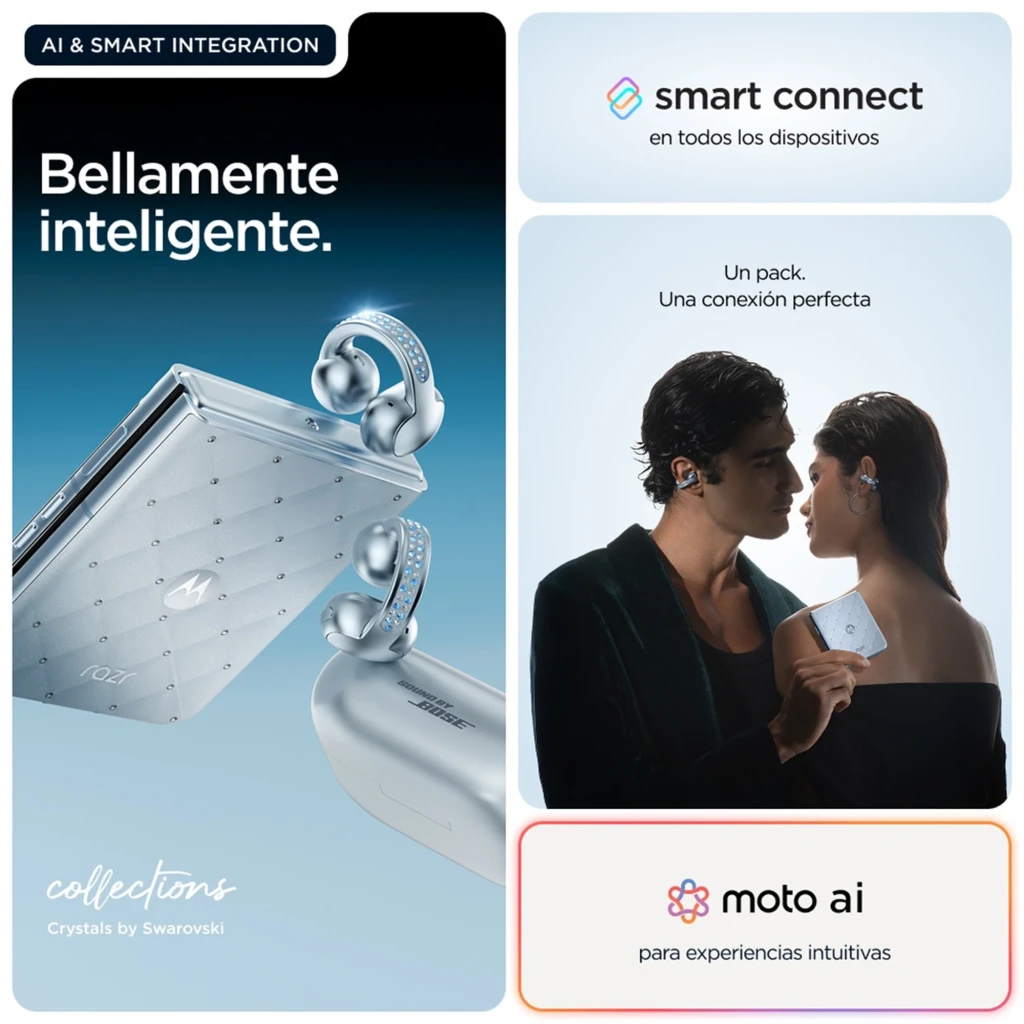 Smartphone dobrável azul com textura acolchoada e cristais, tela externa quadrada, duas câmeras traseiras e fones moto buds loop prateados incluídos - Item6