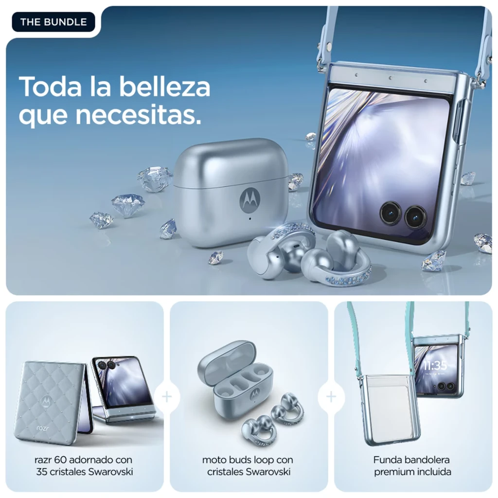 Smartphone dobrável azul com textura acolchoada e cristais, tela externa quadrada, duas câmeras traseiras e fones moto buds loop prateados incluídos - Item7