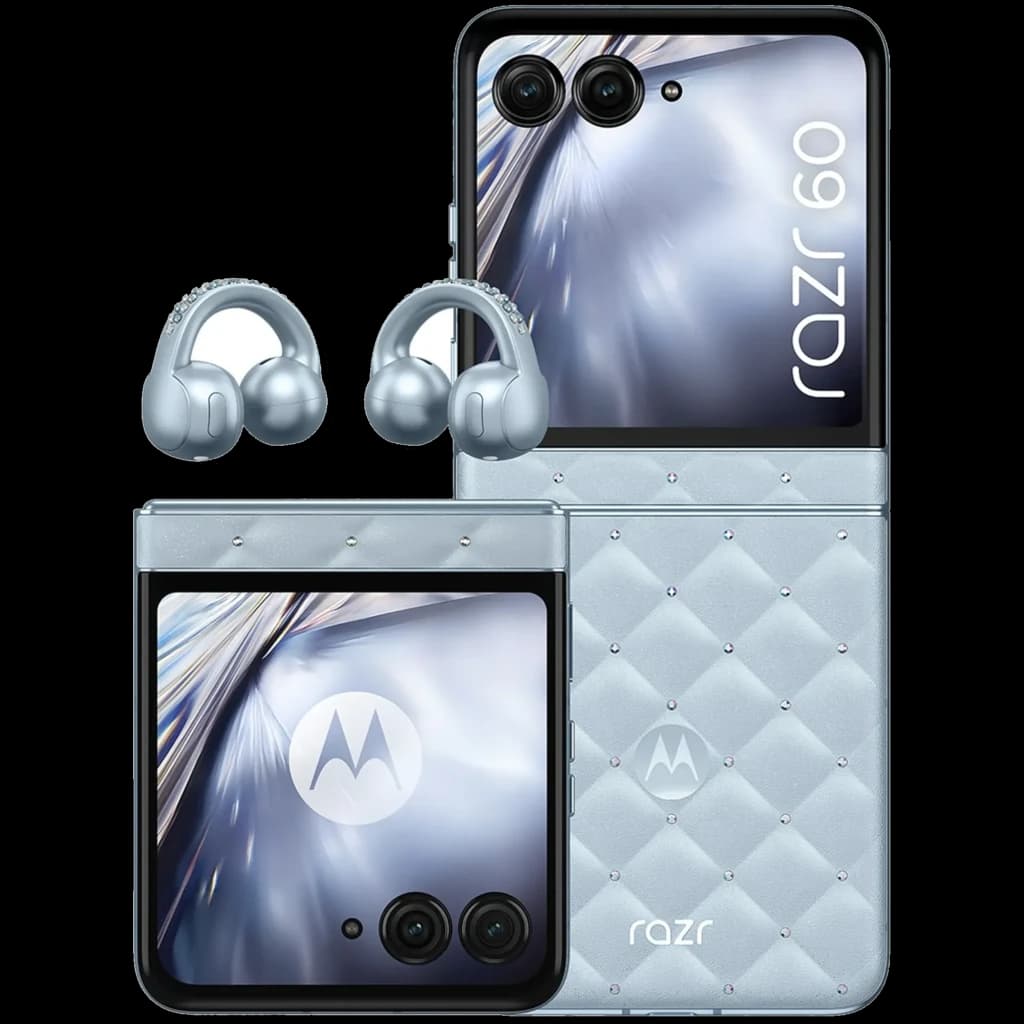 Motorola Razr 60 5G pliable bleu givré avec dos matelassé et strass, double écran brillant, double caméra et écouteurs moto buds loop assortis