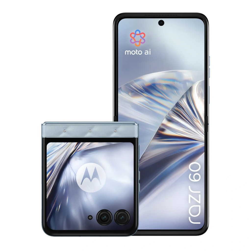 Smartphone dobrável azul com textura acolchoada e cristais, tela externa quadrada, duas câmeras traseiras e fones moto buds loop prateados incluídos - Item1