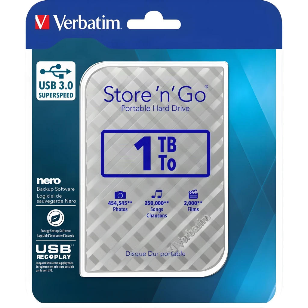 Disco Rígido Externo Verbatim Store 'n' Go 2,5 polegadas 1TB USB 3.0 Prata, conteúdo da caixa: blister com disco prateado