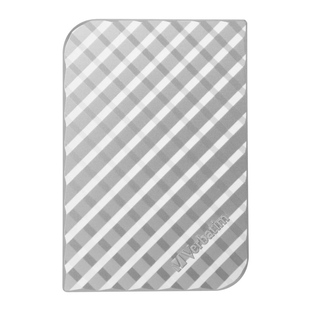 Disco Rígido Externo Verbatim Store 'n' Go 2,5 polegadas 1TB USB 3.0 Prata, detalhe: textura xadrez diagonal prata e branco