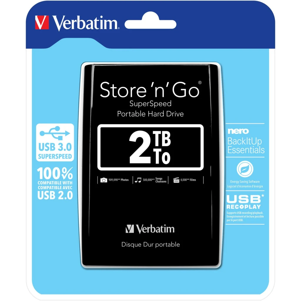 Disco Rígido Portátil Verbatim Store 'n' Go 2TB USB 3.0 Preto, conteúdo da caixa: disco em blister azul com logos USB 3.0