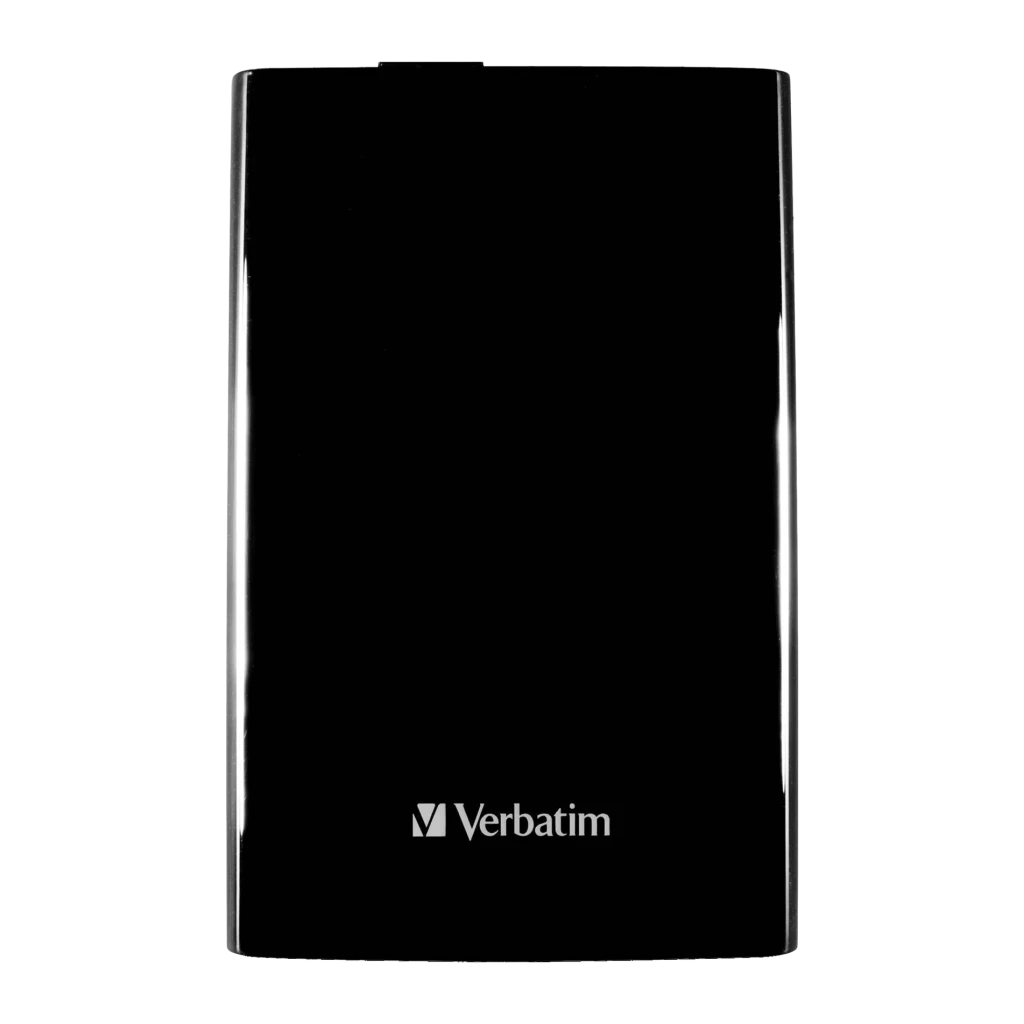 Disco Rígido Portátil Verbatim Store 'n' Go 2TB USB 3.0 Preto, detalhe: tampa frontal brilhante com logótipo Verbatim