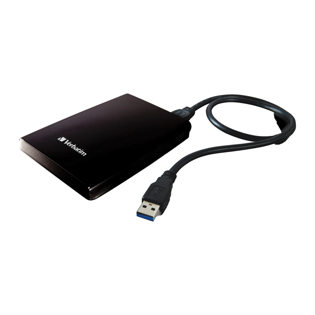 Disco Rígido Portátil Verbatim Store 'n' Go 2TB USB 3.0 Preto, detalhe: vista em perspetiva com cabo USB 3.0 azul ligado