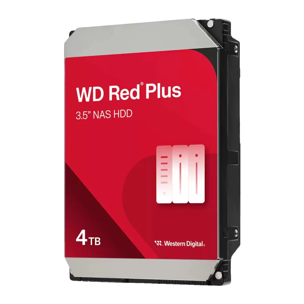 Disco rígido WD Red Plus 4TB 3.5 polegadas 5400RPM WD40EFZZ, vista frontal: etiqueta vermelha com logo, ícone NAS e carcaça