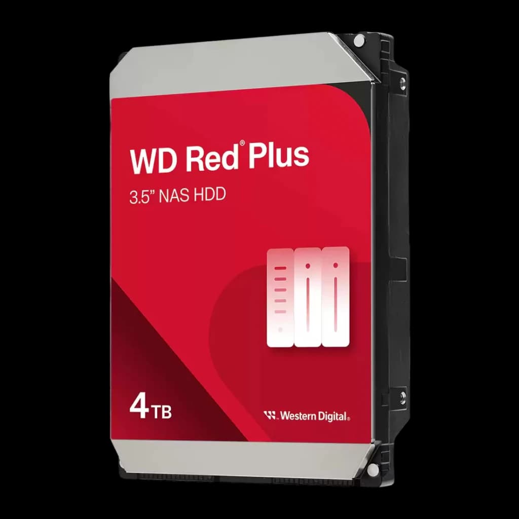 Disco rígido WD Red Plus 4TB 3.5 polegadas 5400RPM WD40EFZZ, vista frontal: etiqueta vermelha com logo, ícone NAS e carcaça