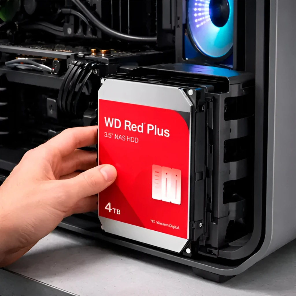 Disco rígido WD Red Plus 4TB 3.5 polegadas 5400RPM WD40EFZZ, em uso: mão inserindo o disco em baía de NAS com ventoinha RGB