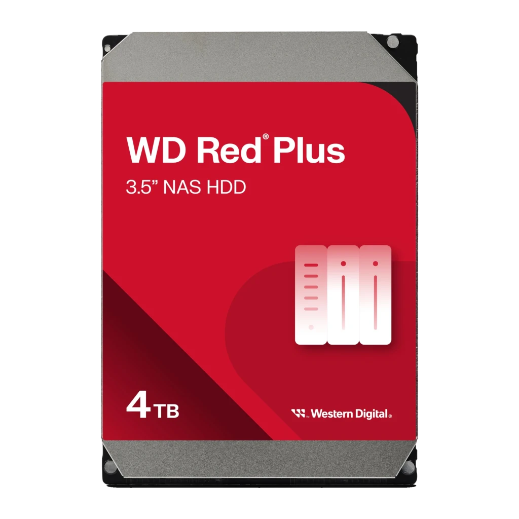 Disco rígido WD Red Plus 4TB 3.5 polegadas 5400RPM WD40EFZZ, detalhe: etiqueta frontal vermelha com logo WD Red Plus