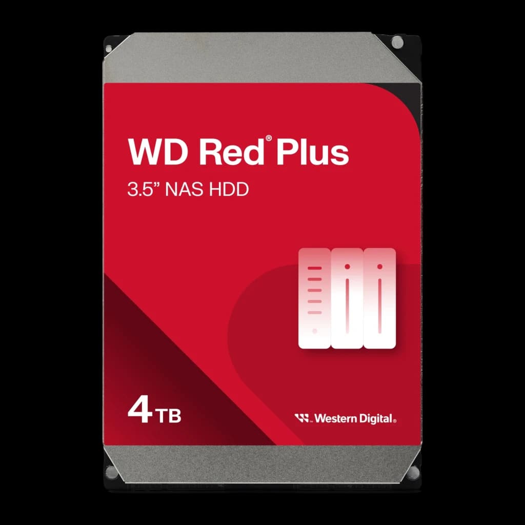 Disco rígido WD Red Plus 4TB 3.5 polegadas 5400RPM WD40EFZZ, detalhe: etiqueta frontal vermelha com logo WD Red Plus