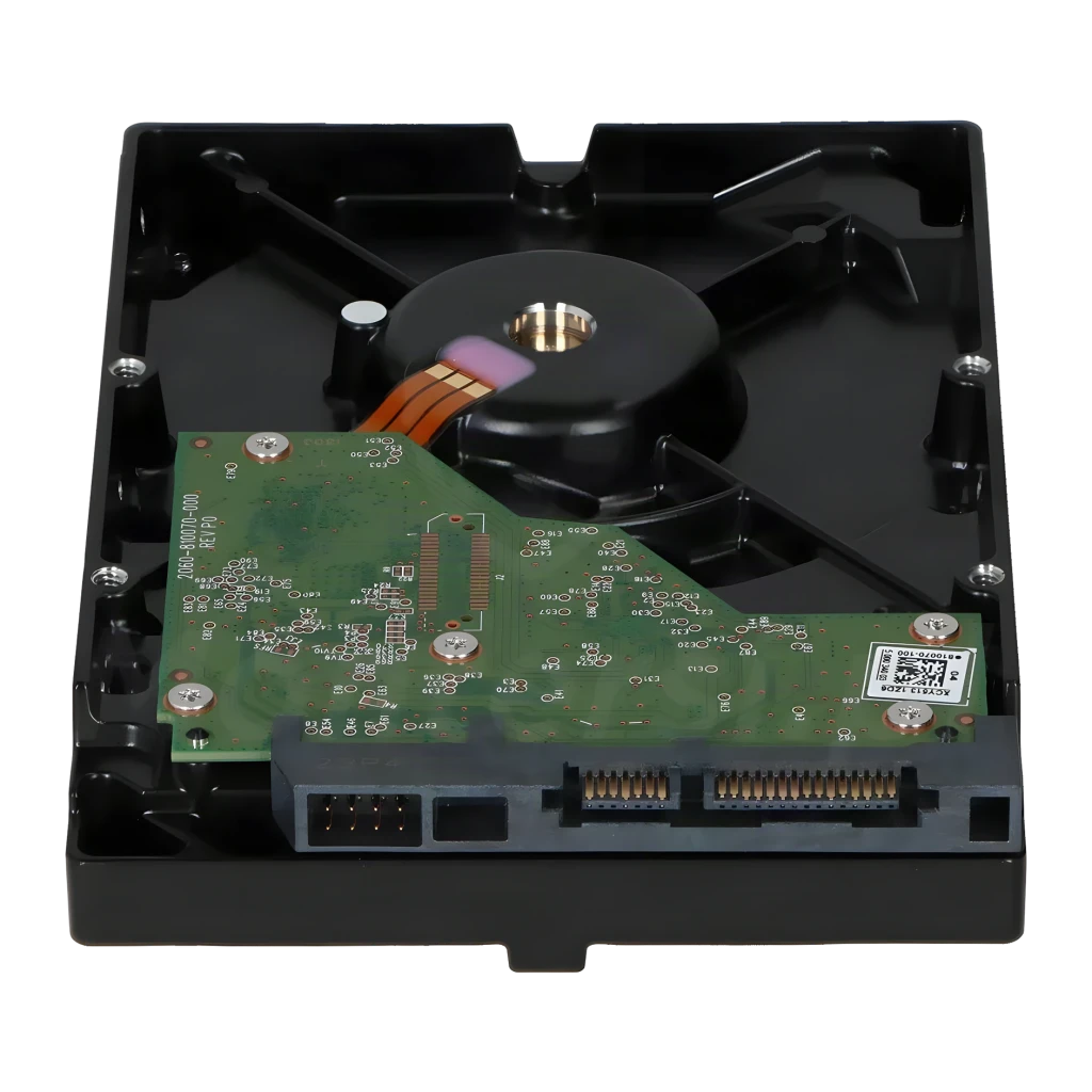 Disco rígido WD Red Plus 4TB 3.5 polegadas 5400RPM WD40EFZZ, vista traseira: PCB verde com motor, cabeçote e conectores SATA