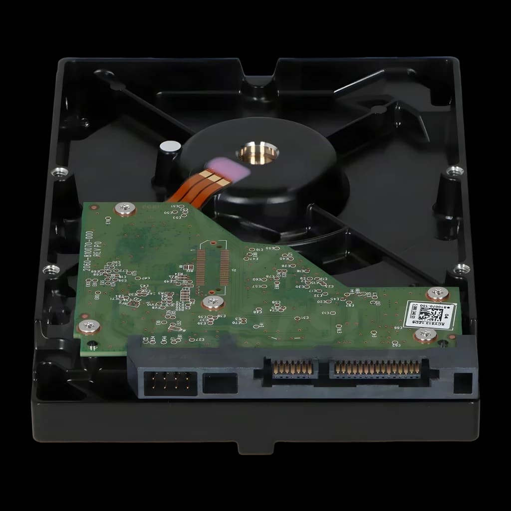 Disco rígido WD Red Plus 4TB 3.5 polegadas 5400RPM WD40EFZZ, vista traseira: PCB verde com motor, cabeçote e conectores SATA