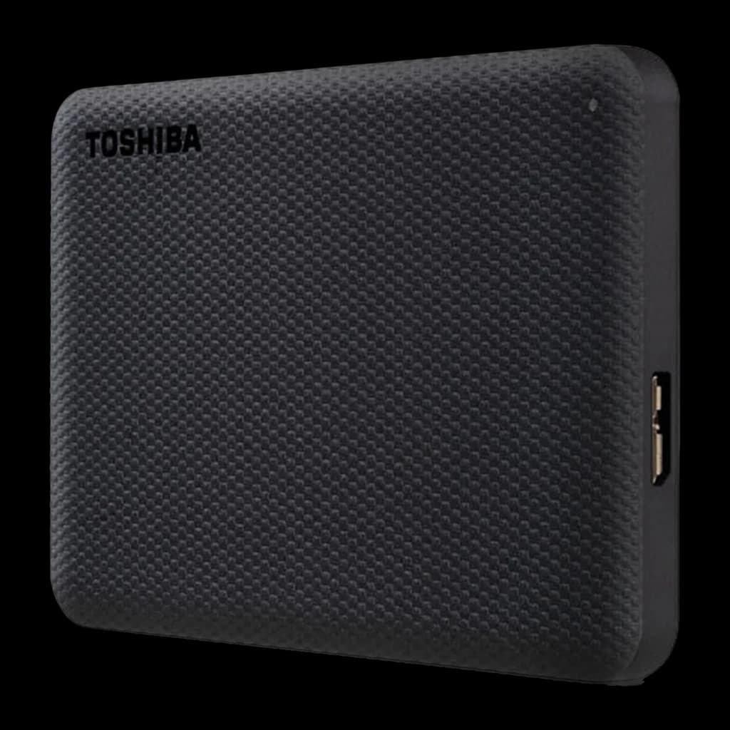 Disque dur externe Toshiba Canvio Advance 2To USB 3.2 Gen 1 Noir, vue de face: surface à texture quadrillée et port USB