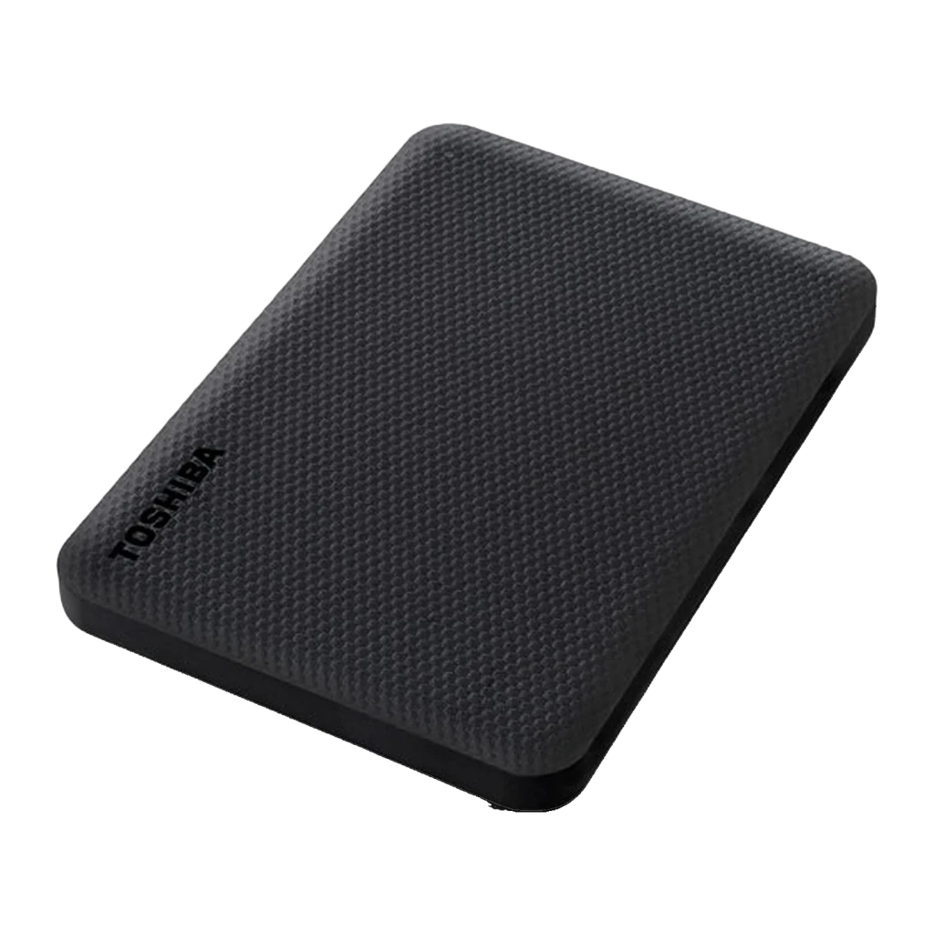 Disque dur externe Toshiba Canvio Advance 2To USB 3.2 Gen 1 Noir, détail: texture quadrillée du dessus avec logo Toshiba