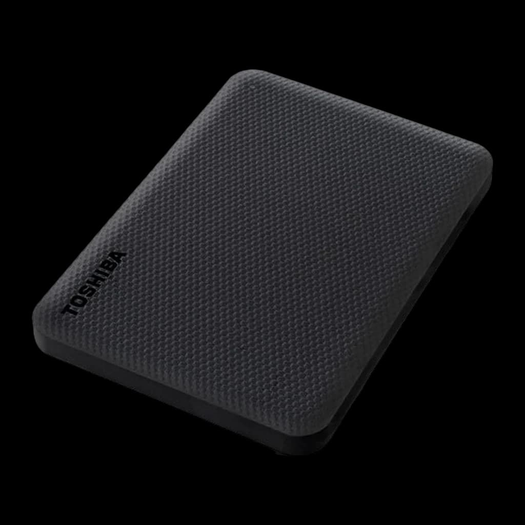 Disque dur externe Toshiba Canvio Advance 2To USB 3.2 Gen 1 Noir, détail: texture quadrillée du dessus avec logo Toshiba