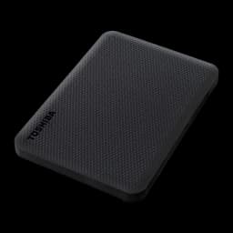 Disque dur externe Toshiba Canvio Advance 2To USB 3.2 Gen 1 Noir, détail: texture quadrillée du dessus avec logo Toshiba