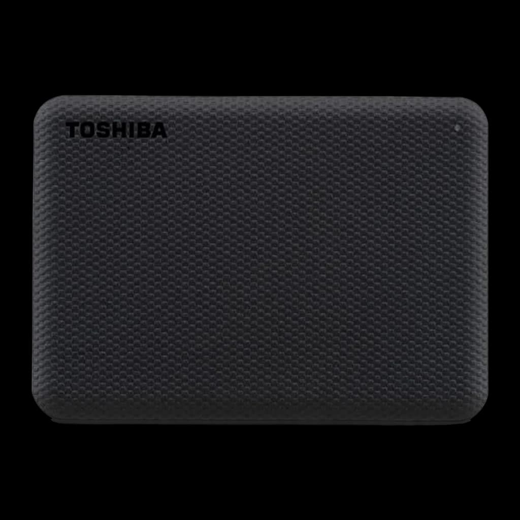 Disque dur externe Toshiba Canvio Advance 2To USB 3.2 Gen 1 Noir, détail: texture quadrillée en relief et logo Toshiba